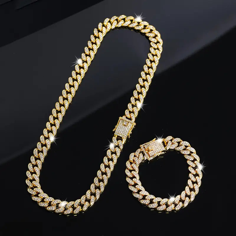 2 pcs cubain Link chaîne collier et bracelet ensemble Unisex Hip - Hop bijoux