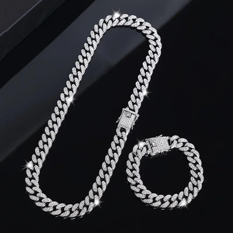 2 pcs cubain Link chaîne collier et bracelet ensemble Unisex Hip - Hop bijoux