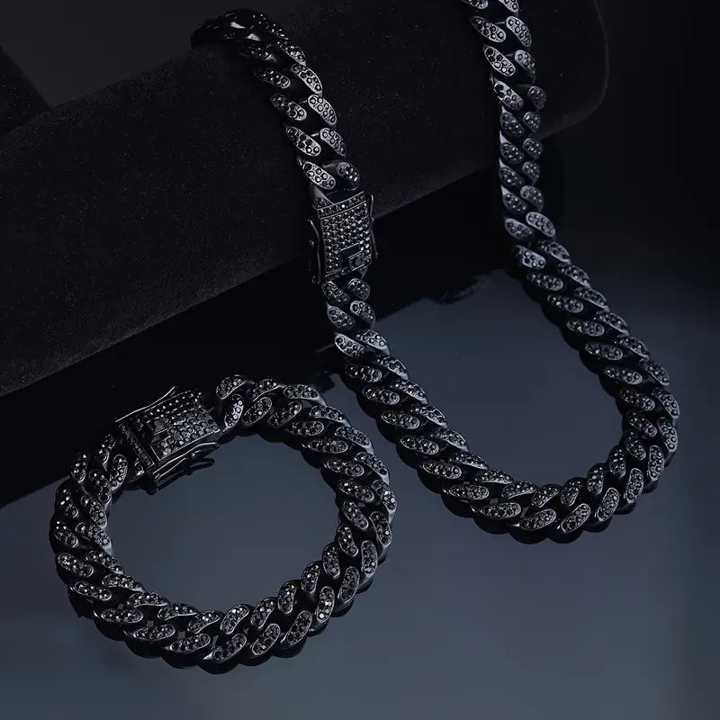 2 pcs cubain Link chaîne collier et bracelet ensemble Unisex Hip - Hop bijoux